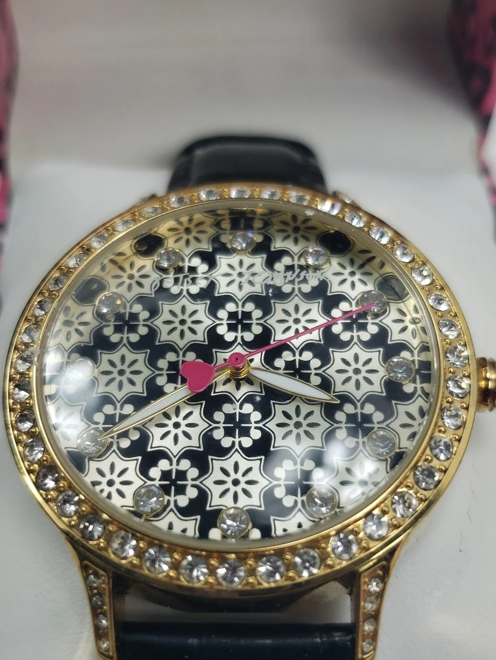 Betsey Johnson Working Rhinestone Black Leather Band Watch